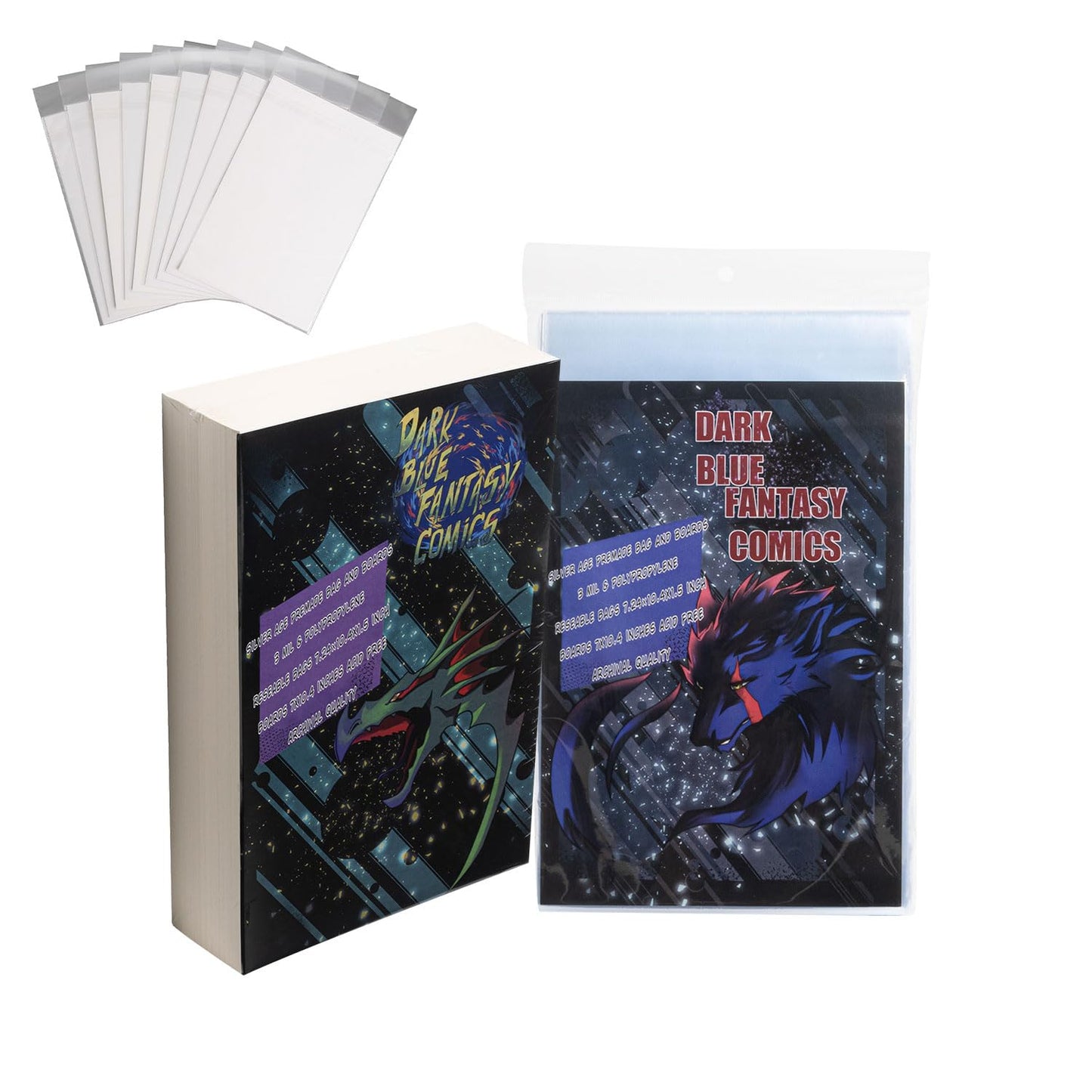 Dark Blue Fantasy Premade Silver Age Comics Book Bags and Boards Resealable -50 Bags 7.24"x10.4" with Flap 1.5"& Boards 7"X10.4" with a New Comic Book-Comic Books Protector Backing Board-Archival use
