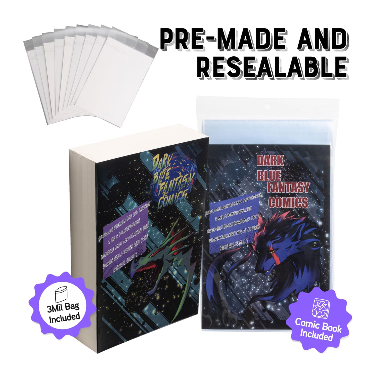 Dark Blue Fantasy Premade Silver Age Comics Book Bags and Boards Resealable -50 Bags 7.24"x10.4" with Flap 1.5"& Boards 7"X10.4" with a New Comic Book-Comic Books Protector Backing Board-Archival use