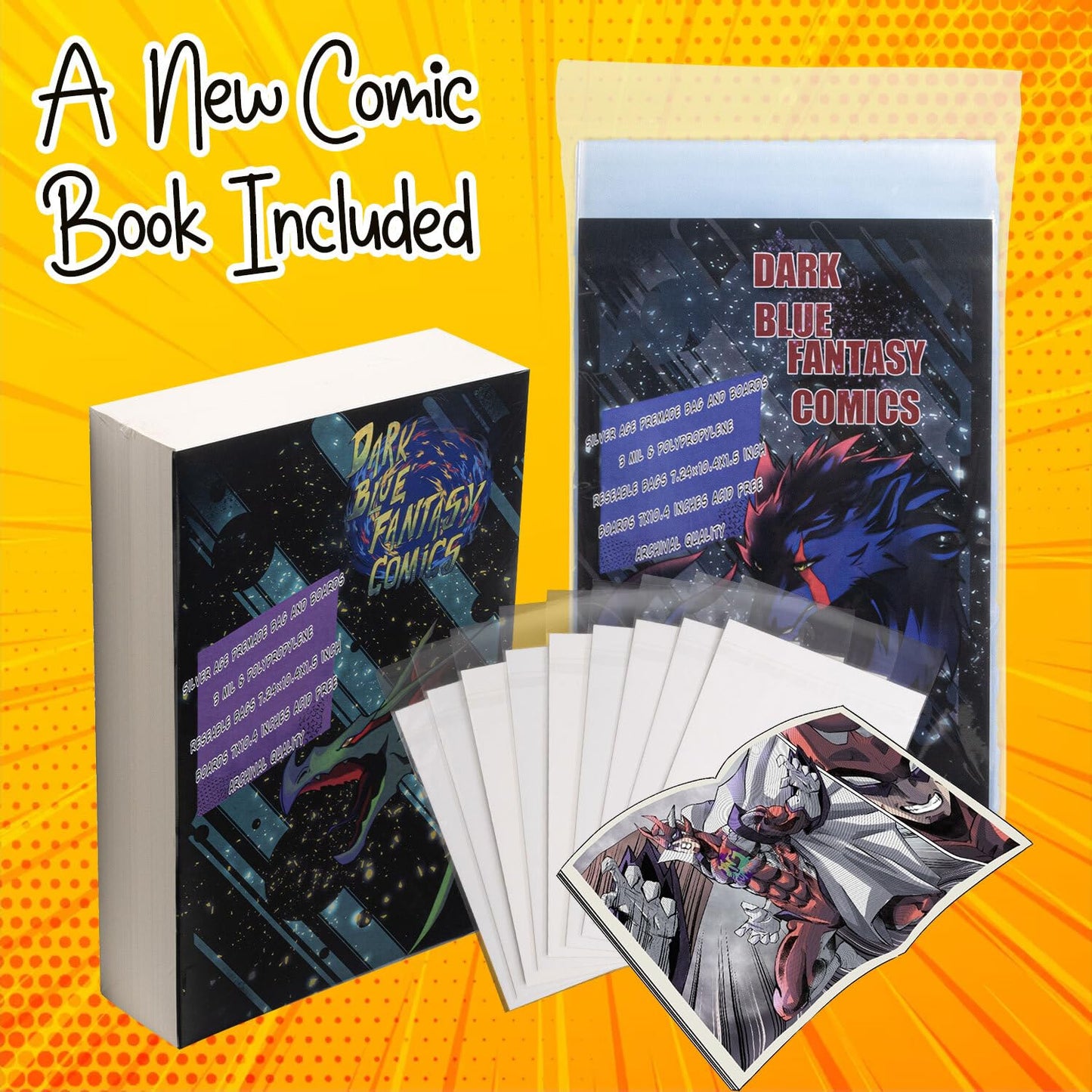 Dark Blue Fantasy Premade Silver Age Comics Book Bags and Boards Resealable -50 Bags 7.24"x10.4" with Flap 1.5"& Boards 7"X10.4" with a New Comic Book-Comic Books Protector Backing Board-Archival use