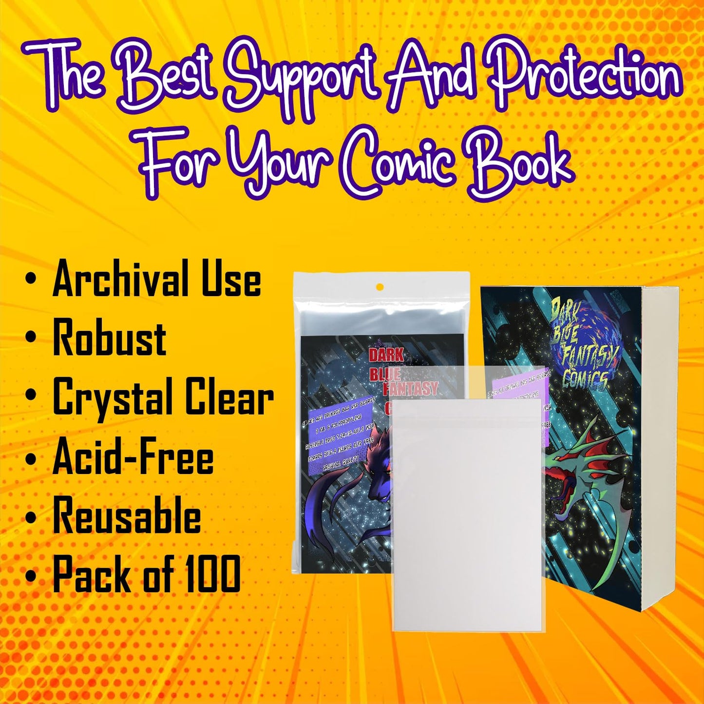 Dark Blue Fantasy Premade Silver Age Comics Book Bags and Boards Resealable -50 Bags 7.24"x10.4" with Flap 1.5"& Boards 7"X10.4" with a New Comic Book-Comic Books Protector Backing Board-Archival use