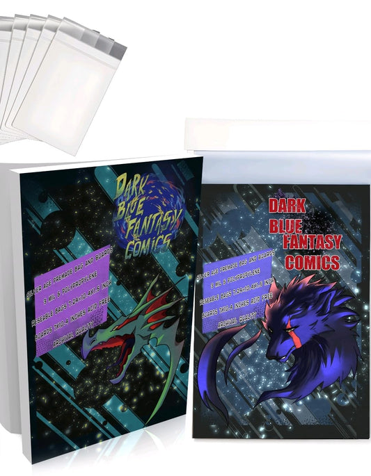 Dark Blue Fantasy Premade Silver Age Comics Book Bags and Boards Resealable -50 Bags 7.24"x10.4" with Flap 1.5"& Boards 7"X10.4" with a New Comic Book-Comic Books Protector Backing Board-Archival use